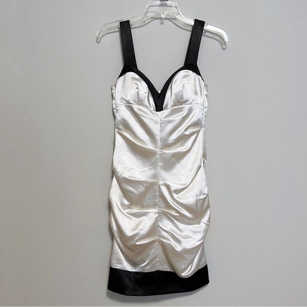 Black and Cream Satin Ruched Cocktail Dress